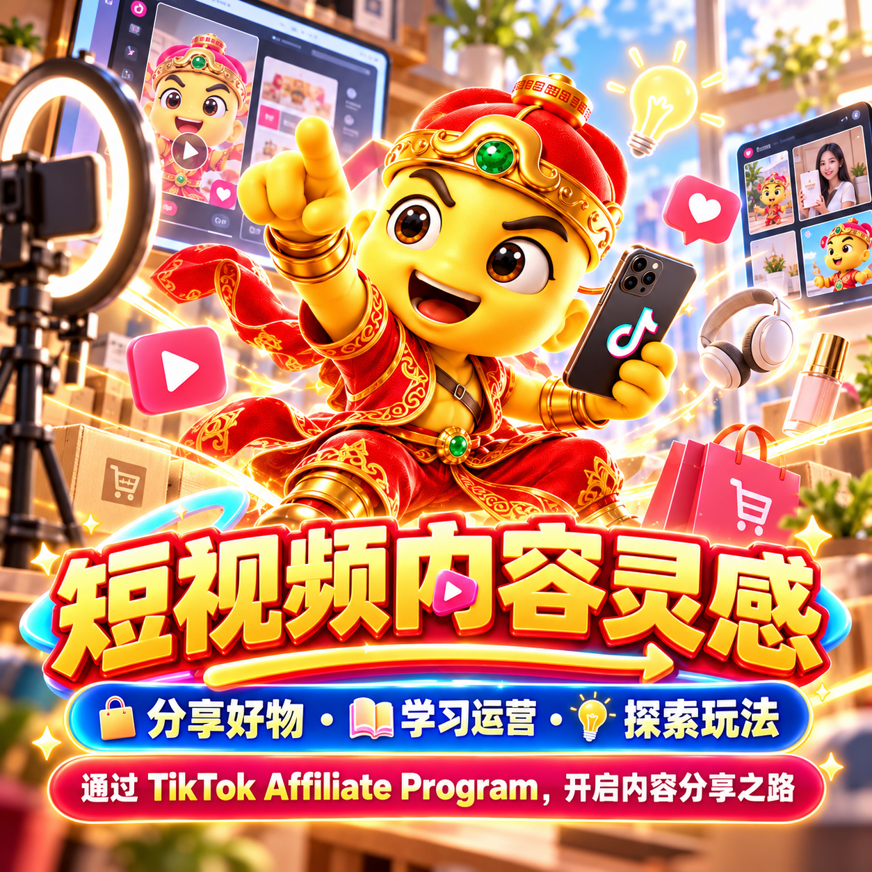 红金色卡通人物与短视频拍摄设备，主题为短视频内容灵感及 TikTok Affiliate Program